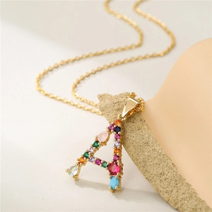 Rainbow gemstone encrusted letter A pendant necklace with gold chain for women