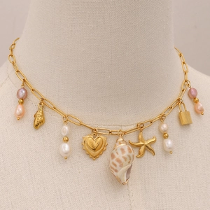Collana vintage francese in acciaio inossidabile oro 18k con ciondoli a stella marina e cuore