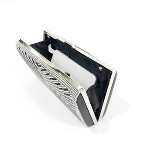 Sparkling crystal evening clutch bag with striped rhinestone patterns and phone storage space