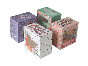 Detailed view of 4-piece Mother's Day gift boxes with floral prints and heart windows