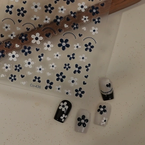 3D floral nail art stickers with black and white pearl hearts design, model Co-436