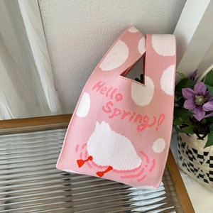 Pink knitted tote bag with Hello Spring text and cute cat pattern for women