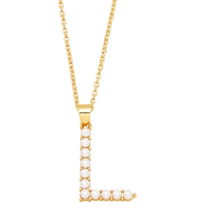 Close-up of golden letter L pendant necklace featuring inlaid round faux pearls design