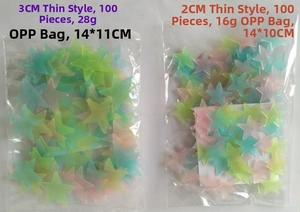 Glow in the dark star wall stickers in 2cm and 3cm sizes shown in OPP packaging