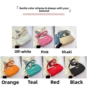 Detailed grid view of nylon crossbody bags in seven vibrant colors with round coin pouches