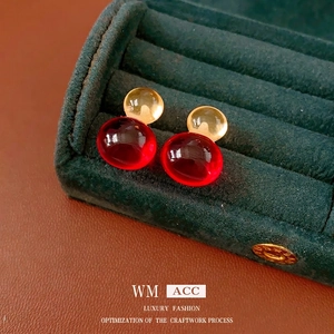 Vintage resin gourd stud earrings in amber and red color block with s925 silver pins