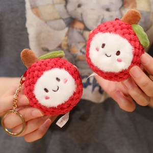 Creative plush lychee fruit keychain set with cute embroidery and gold metal ring