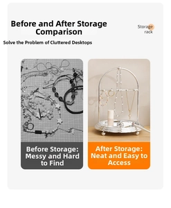 Silver metal jewelry organizer before and after comparison of neat storage and messy pile
