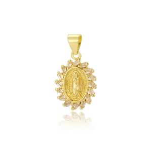 Gold Virgin Mary oval pendant with emerald-cut zircon stones on a white background