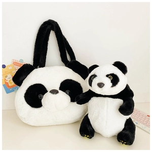 Detailed view of the large panda plush tote bag with soft black and white faux fur texture