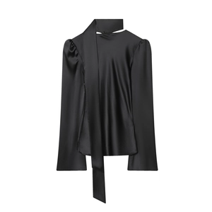Elegant black satin long sleeve shirt featuring a minimalist tie-neck bow design