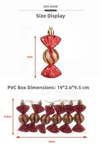Size chart showing 8cm red and gold candy-shaped Christmas ornaments in a PVC box