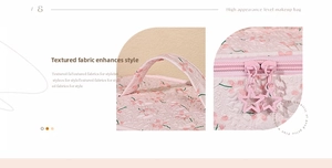 Detail of pink floral makeup bag with quilted texture, star zippers and wide handle