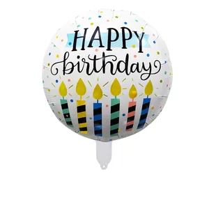 Detail of 18 inch white foil balloon with colorful dots and happy birthday candle design