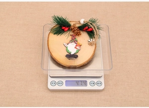 Macro detail of wooden NOEL ornament with pine needles and gnome weighing 47.4 grams