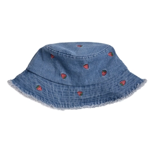 Detail of blue denim bucket hat featuring red strawberry embroidery and frayed edges