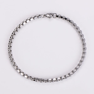 Top view of square box chain necklace in silver stainless steel with lobster clasp