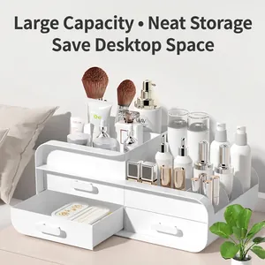 Minimalist white desktop cosmetic organizer with drawers and open compartments for skincare