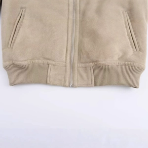Chaqueta caqui de ante sintético para mujer con bolsillo con cremallera y dobladillo