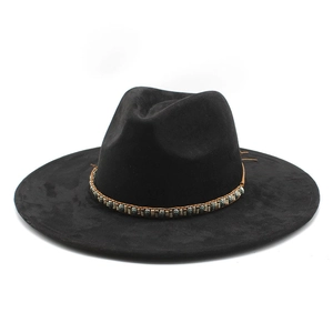 Retro black suede Panama jazz hat with brown decorative band and wide brim for unisex