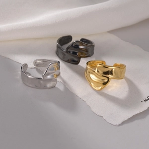 Adjustable Open Ring Titanium Stainless Steel Irregular Liquid Metal Water Ripple Lava Texture Minimalist Punk Women