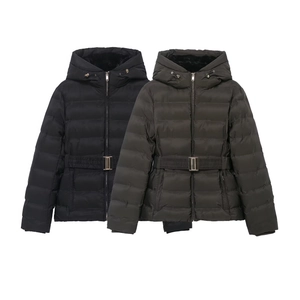 Women Puffer Jacket Hooded Windproof Waterproof Slim Fit Winter Warm Outerwear With Belt Horizontal Quilted Polyester