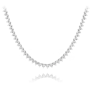 Elegant silver heart-shaped tennis necklace with sparkling white crystals on white background