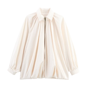 Cream white puff sleeve bomber jacket with zip front and textured fabric for women