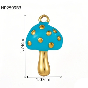 Detailed view of sky blue mushroom pendant with gold dots and dimensions 1.74x1.07cm