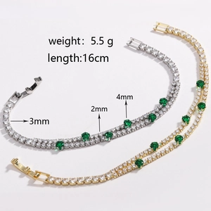 Detail shot showing 4mm green zircon tennis bracelet dimensions and silver-gold finishes