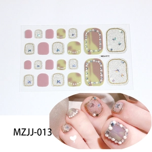 Detail of 5D toe nail stickers with pink glitter, marble patterns and rhinestone accents