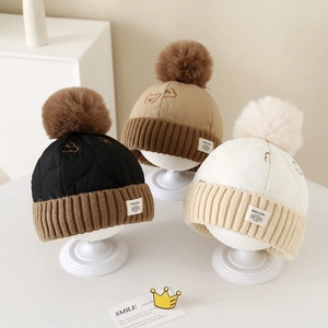 Bonnet Hiver Chaud Enfant Avec Pompon Fausse Fourrure Broderie Ours Doublé Polaire Tricot Matelassé Extérieur