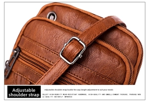 Detail of adjustable shoulder strap buckle on brown lychee texture leather shoulder bag