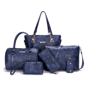 Navy blue 6-piece handbag set featuring woven texture tote, satchel and matching pouches