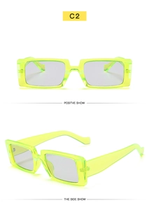 Front and side views of trendy square lime green translucent retro Y2K sunglasses