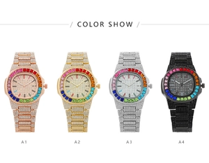 Detail view of four crystal ladies watches in rose gold, gold, silver and black finishes