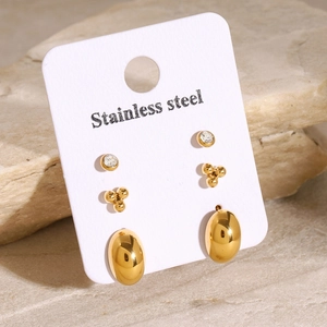 Set of 3 pairs of 18k gold plated stainless steel stud earrings with cubic zirconia