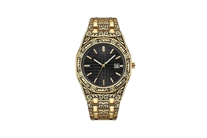 Detailed macro view of the gold-engraved octagonal watch case and black textured dial