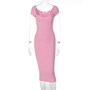Close-up of pink ribbed knit fabric and off-the-shoulder neckline on midi dress
