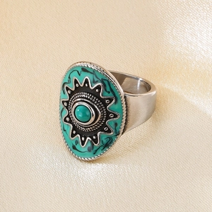 Retro Bohemian Stainless Steel Ring Oval Turquoise Center Sunburst Engraved Ethnic Tribal Style Silver Tone Unisex