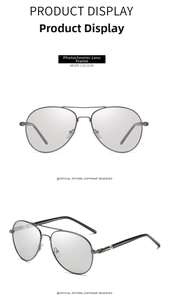 Detail view of photochromic aviator sunglasses with a classic gunmetal frame for driving