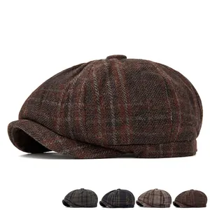 Vintage wool blend newsboy cap with classic brown plaid pattern for men in autumn and winter