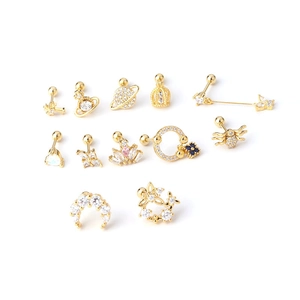 Collection of golden titanium steel cartilage stud earrings with zircon in various shapes
