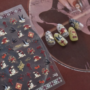 3D embossed nail art stickers featuring cute rabbits and traditional Chinese motifs