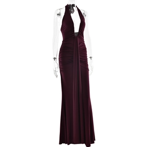Detail view of wine red halter maxi dress featuring deep V-neck and ruched pleated fabric