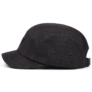 Black 5-panel outdoor camper hat with ripstop fabric and adjustable strap back closure