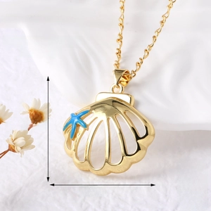 Detail of gold shell and blue starfish pendant with dimensions 26mm and chain length specs