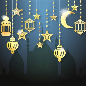 Golden Ramadan hanging ornaments with stars, crescents and lanterns for festive home decor