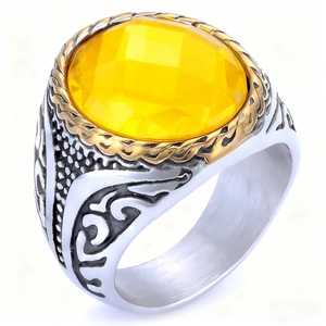 Men's vintage silver ring with gold braided edges and a faceted yellow gemstone