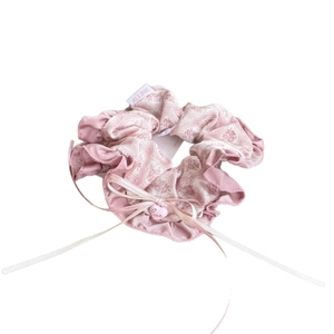 Vintage floral scrunchie in pink with ribbon bow and heart pendant featuring love engraving